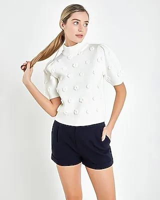 English Factory Flower Pompom Short Sleeve Sweater White Women's S