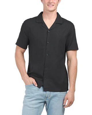 Linen Viscose Blend Short Sleeve Notch Collar Solid Shirt for Men