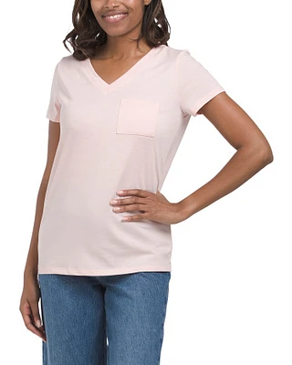 Short Sleeve V-neck Top With Chest Pocket for Women