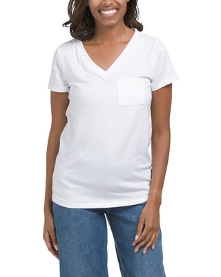 Short Sleeve V-neck Top With Pocket for Women