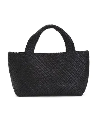 Leather Woven Tote With Zip Compartment And Pockets