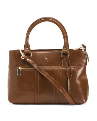 Leather Front Pocket Satchel With Zip Closure