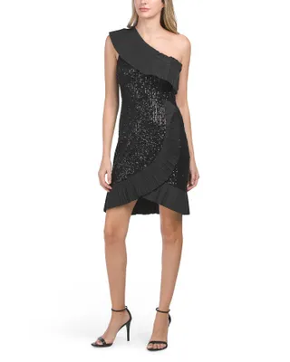 One Shoulder Sequin Pleated Ruffle Cocktail Dress For Women