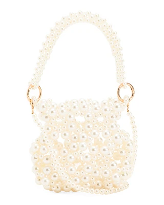 Faux Pearl Mini Bucket Bag With Detachable Shoulder Strap For Women