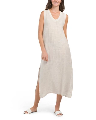 Linen Embroidered Maxi Shirt Dress For Women