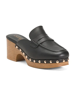 Leather Faux Wood Heeled Clogs For Women