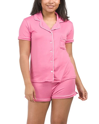 Notch Collar Top And Shorts Pajama Set For Women