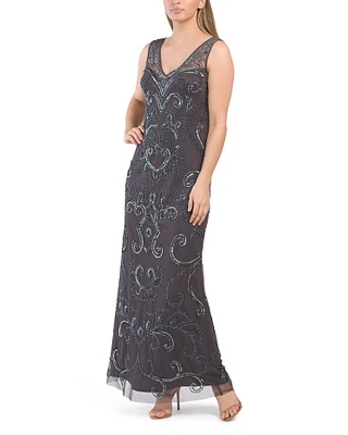 Beaded V-Neck Illusion Gown For Women