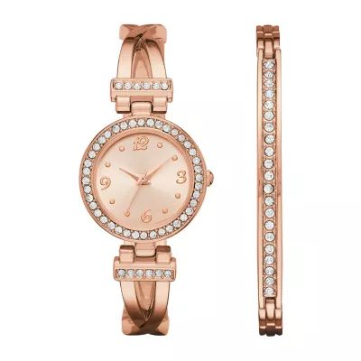 Geneva Womens Rose Gold-Tone T-Bar Bangle Watch Boxed Set
