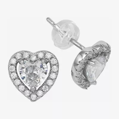 Silver Treasures Light Up Box Cubic Zirconia Sterling Silver 1.5mm Heart Stud Earrings