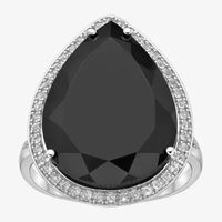 Womens Genuine Black Onyx Sterling Silver Pear Halo Cocktail Ring