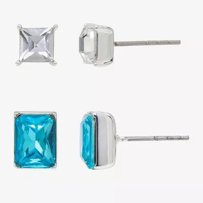 Sparkle Allure 2 Pair Crystal Rectangular Square Earring Set