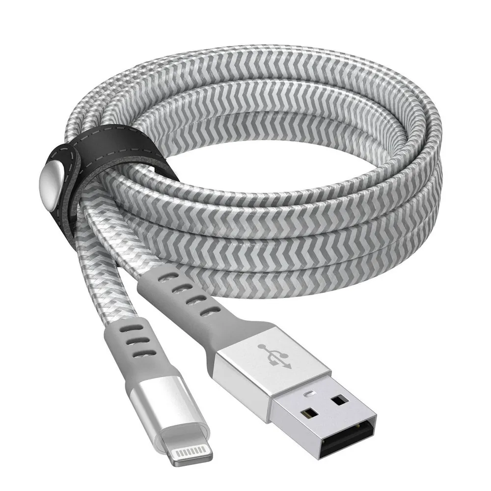 Just Wireless Lightning to USB Flat Braided 10-ft Cable With Strap Silver |  Dulles Town Center