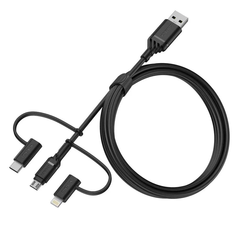 OtterBox Standard 3-in-1 Cable for Lightning, USB-C and Micro-USB Devices  1m, Black