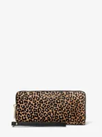 Large Leopard Print Calf Hair Continental Wallet