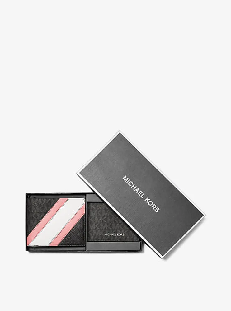Ensemble-cadeau portefeuille avec rabat amovible en faux cuir à rayure et logo