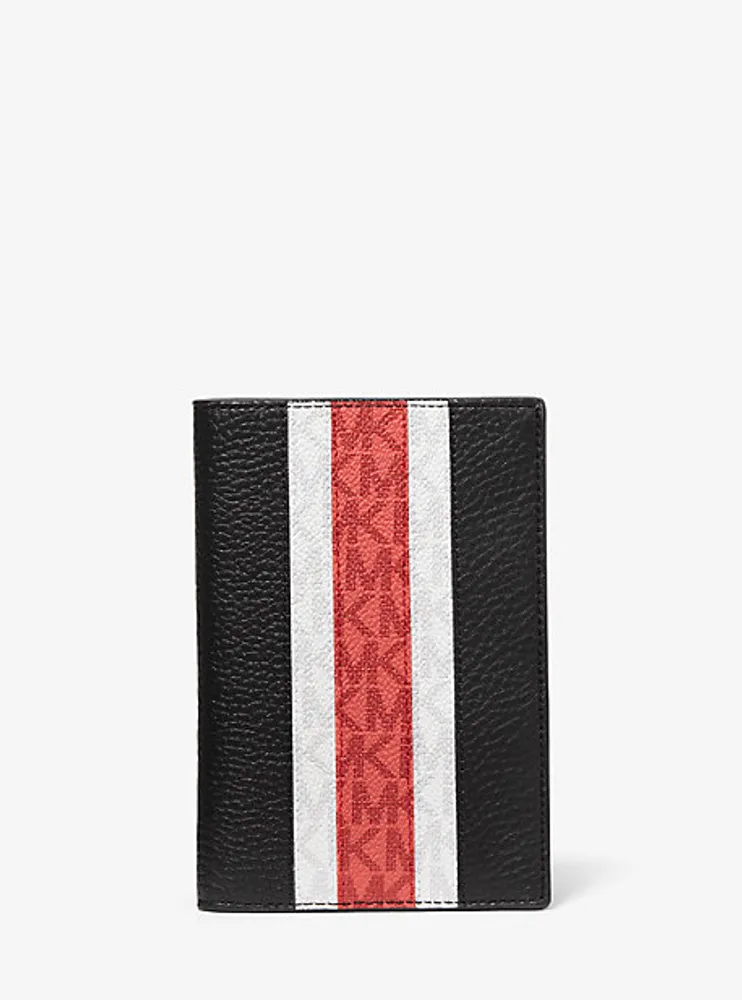 Ensemble-cadeau portefeuille pour passeport et porte-adresse en cuir grainé et à rayures à logo