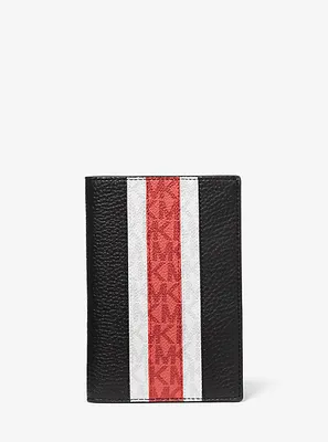 Ensemble-cadeau portefeuille pour passeport et porte-adresse en cuir grainé et à rayures à logo