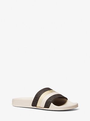 Brandy Metallic Striped Logo Slide Sandal