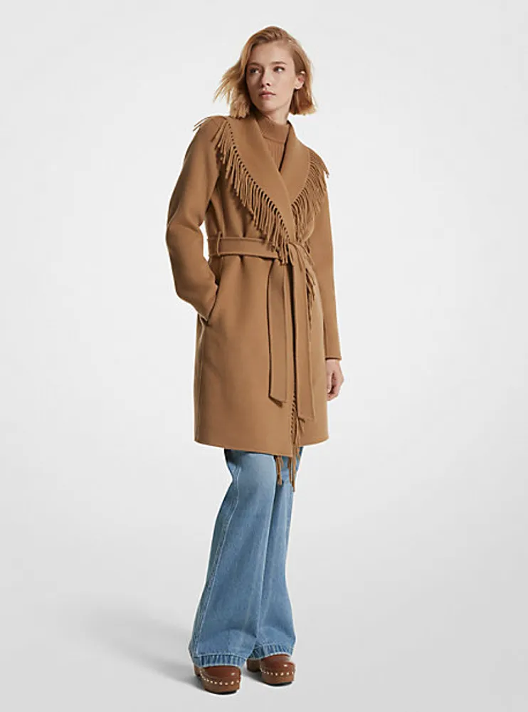 Fringe Wool Blend Belted Coat