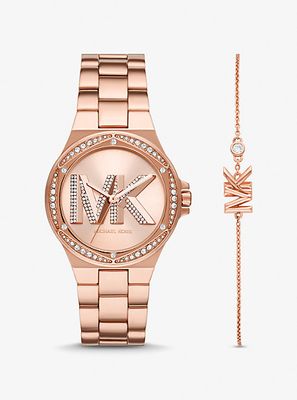 Lennox Pavé Logo Rose Gold-Tone Watch and Bracelet Set