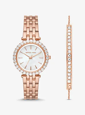 Ensemble-cadeau bracelet et montre Darci miniature de ton or rose à pavé