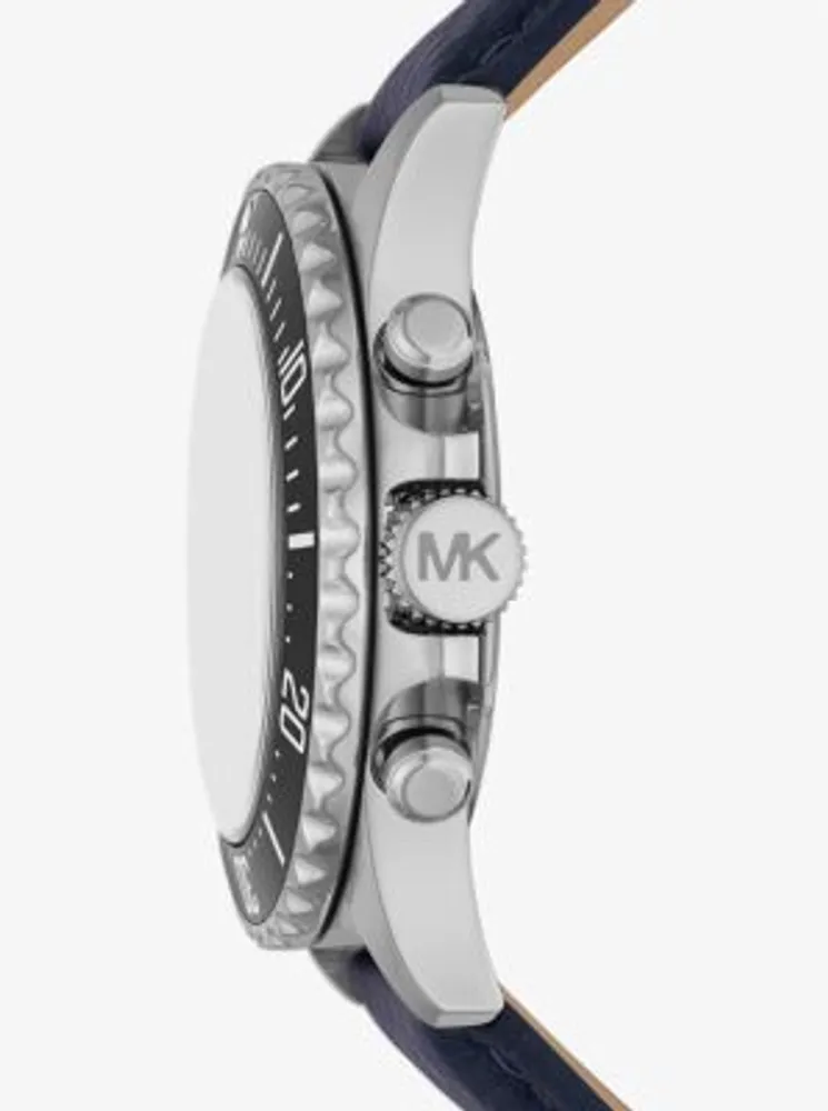 Oversized Everest Silver-Tone and Pebbled Leather Watch