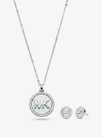 Sterling Silver Pavé Mother-of-Pearl Logo Necklace and Stud Earrings Set