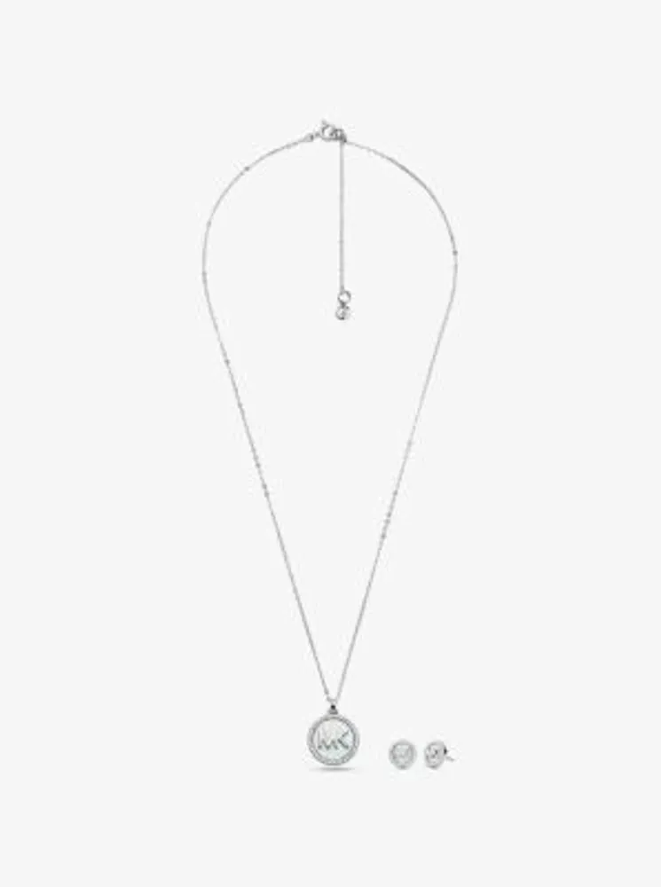 Sterling Silver Pavé Mother-of-Pearl Logo Necklace and Stud Earrings Set