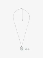 Sterling Silver Pavé Mother-of-Pearl Logo Necklace and Stud Earrings Set