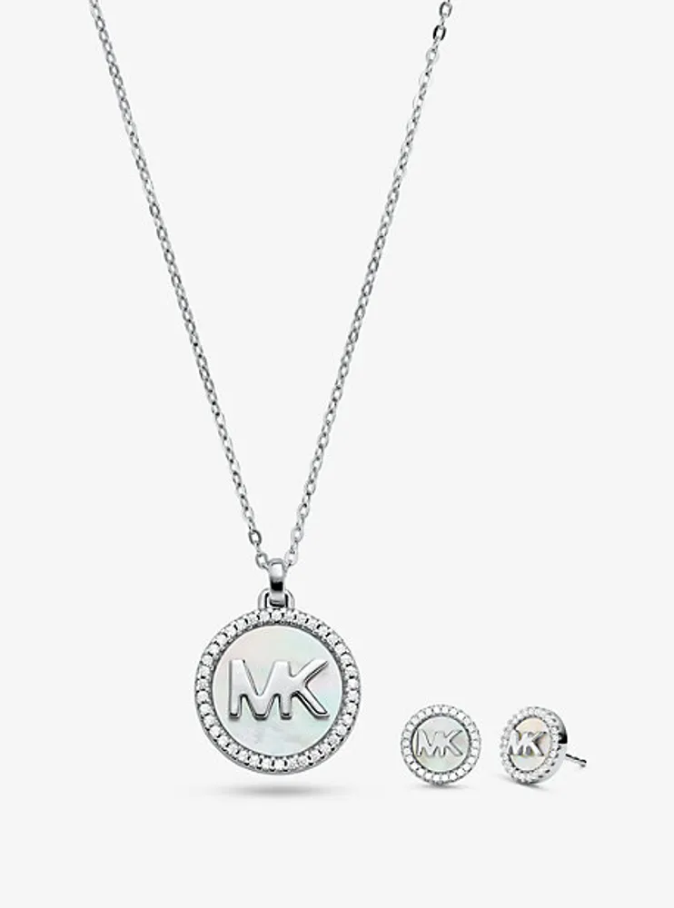 Sterling Silver Pavé Mother-of-Pearl Logo Necklace and Stud Earrings Set