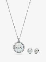 Sterling Silver Pavé Mother-of-Pearl Logo Necklace and Stud Earrings Set