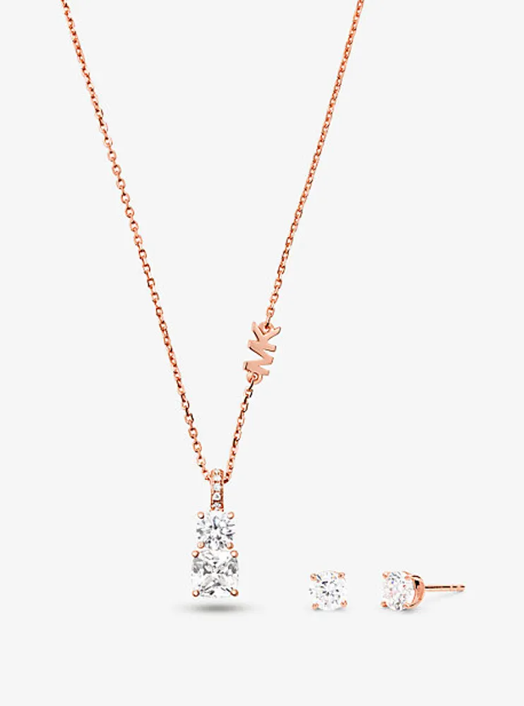 Precious Metal-Plated Sterling Silver Stone Necklace and Stud Earrings Set