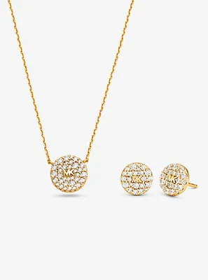 14K Gold-Plated Sterling Silver Pavé Logo Disc Earrings and Necklace Set