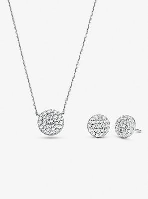 Sterling Silver Pavé Logo Disc Earrings and Necklace Set