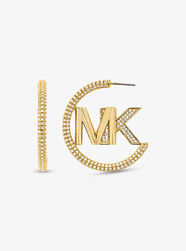 Precious Metal-Plated Brass Pavé Logo Hoop Earrings