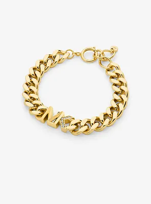 Bracelet en laiton à placage en or 14K à maillons gourmette à pavé et à logo