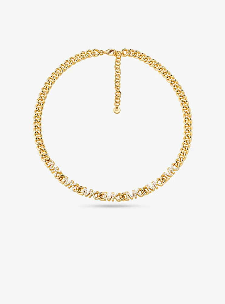 14K Gold-Plated Brass Pavé Logo Chain Necklace