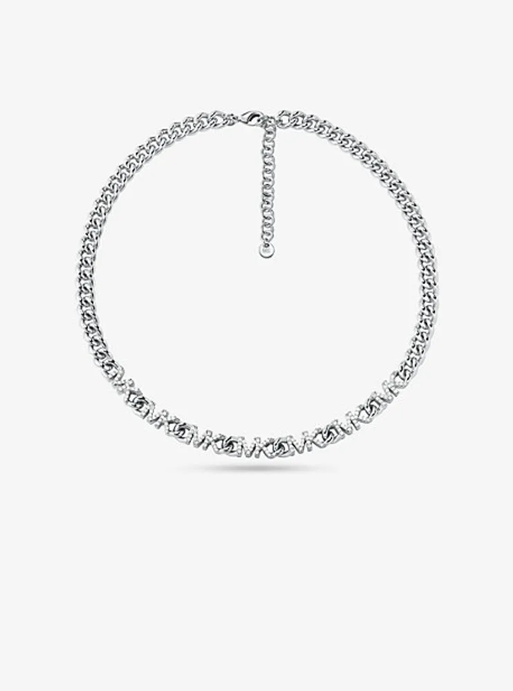 Platinum-Plated Brass Pavé Logo Chain Necklace