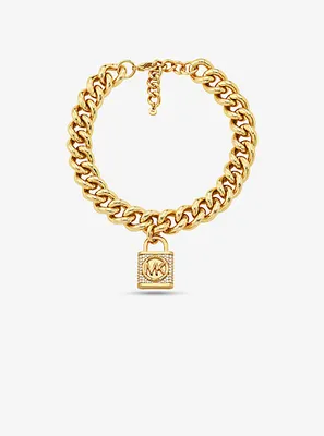 14K Gold-Plated Brass Pavé Lock Curb Link Necklace