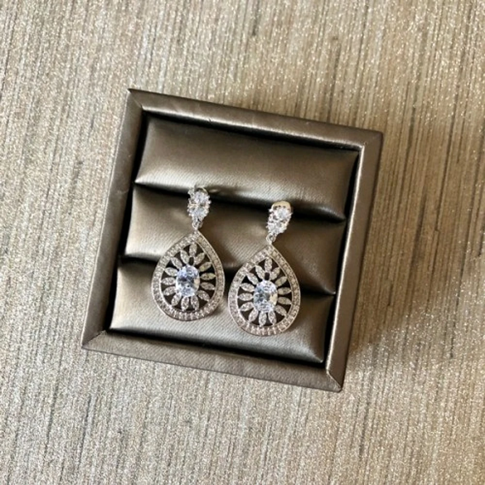 Cubic Zirconia Teardrop Floral Earrings