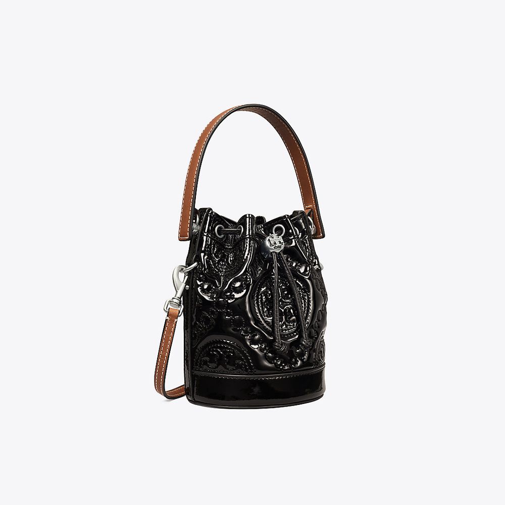 Tory Burch Mini T Monogram Embroidered Patent Bucket Bag | The Summit