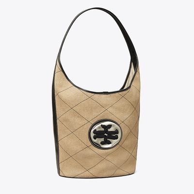 Tory Burch Quilted Linen Woven Double T Oversized Hobo