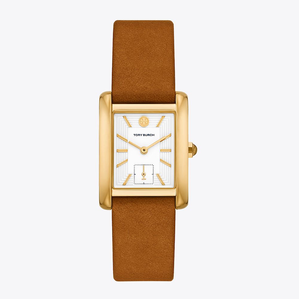 Tory Burch Eleanor Watch, Luggage Leather/Gold-Tone Stainless Steel, 25 x  36 MM | The Summit