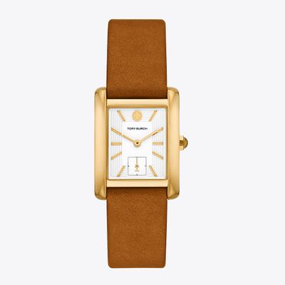 Tory Burch Eleanor Watch, Luggage Leather/Gold-Tone Stainless Steel, 25 x 36 MM