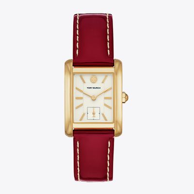 Tory Burch Eleanor Watch, Red Patent Leather/Gold-Tone Stainless Steel, 25 x 36MM
