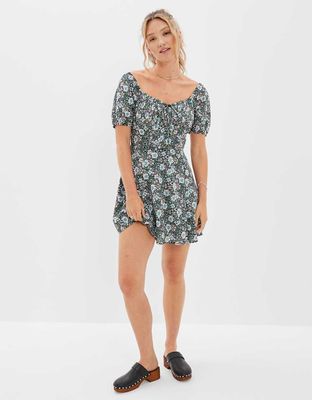 AE Floral Puff-Sleeve Ruched Mini Dress
