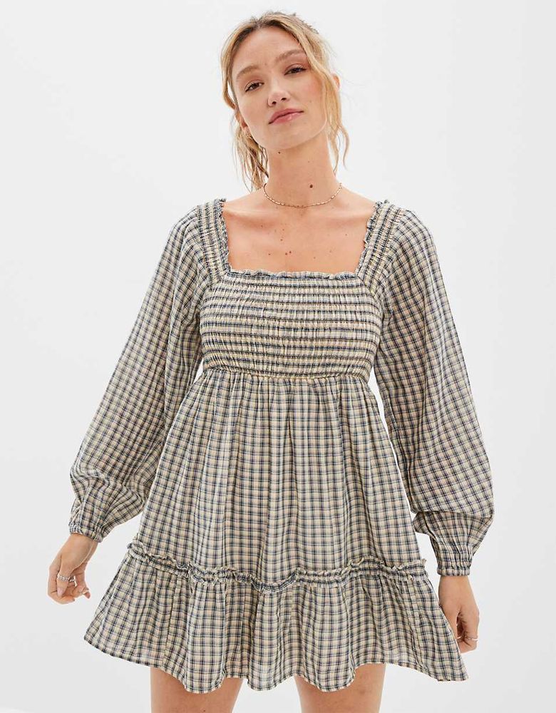 AE Long-Sleeve Smocked Plaid Mini Dress 
