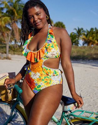 Aerie Ruffle Halter One Piece Swimsuit