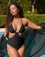Aerie Jacquard Cut Out String One Piece Swimsuit